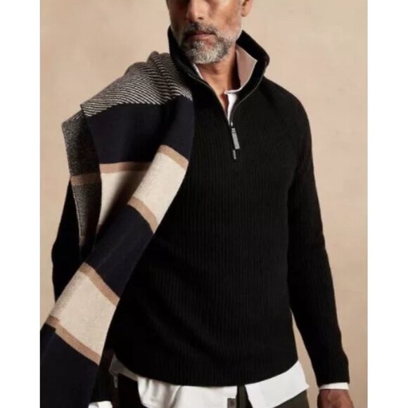 Banana Republic Mens Iltalian Wool-Blend Half-Zip Sweater Ribbed Black L - Picture 1 of 10